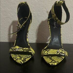 Yellow Snake-Print Ankle Strap Heels - Women